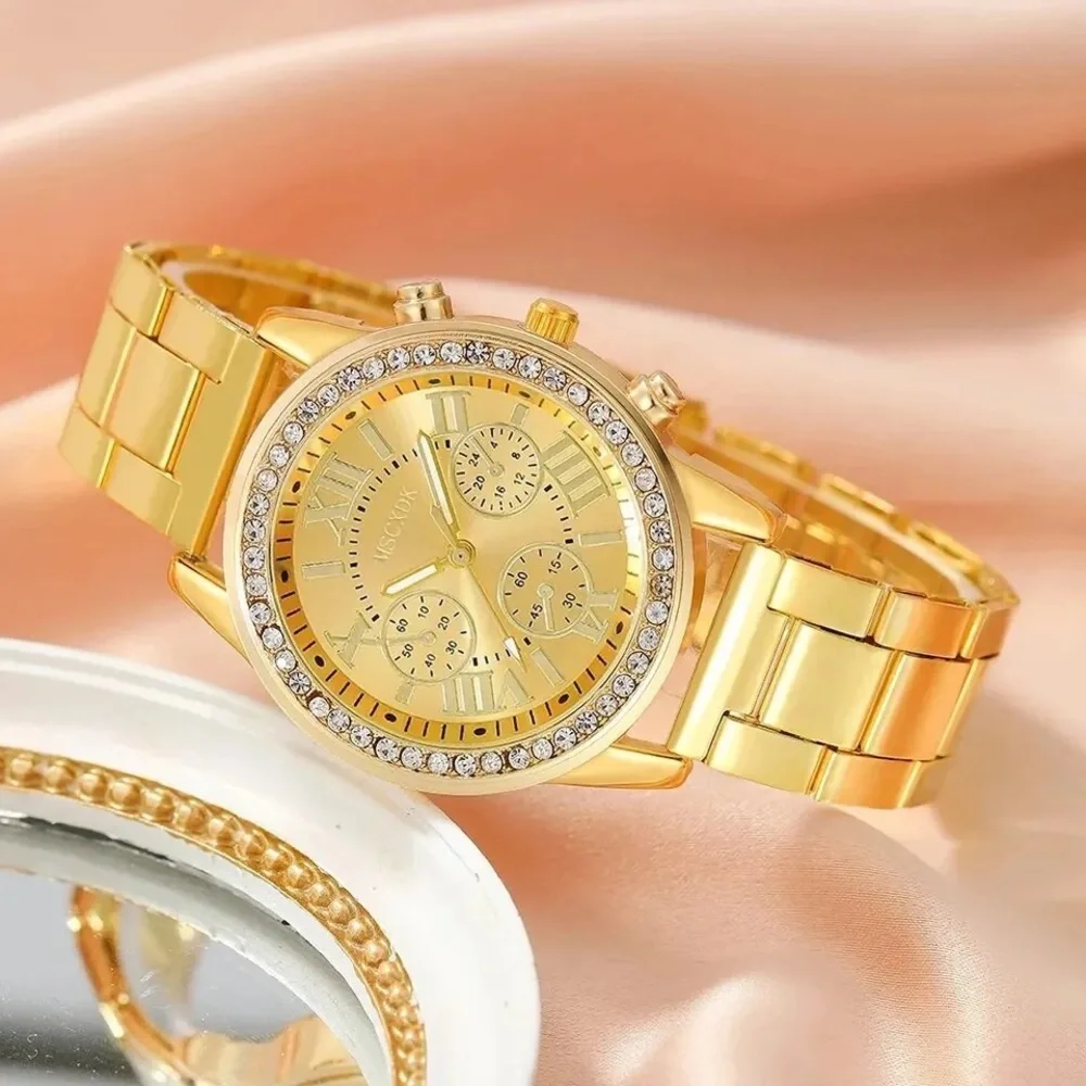 6 Piece Set Women Fashion Roman Dial‎ Stainless Steel Strap Quartz Wrist Watch